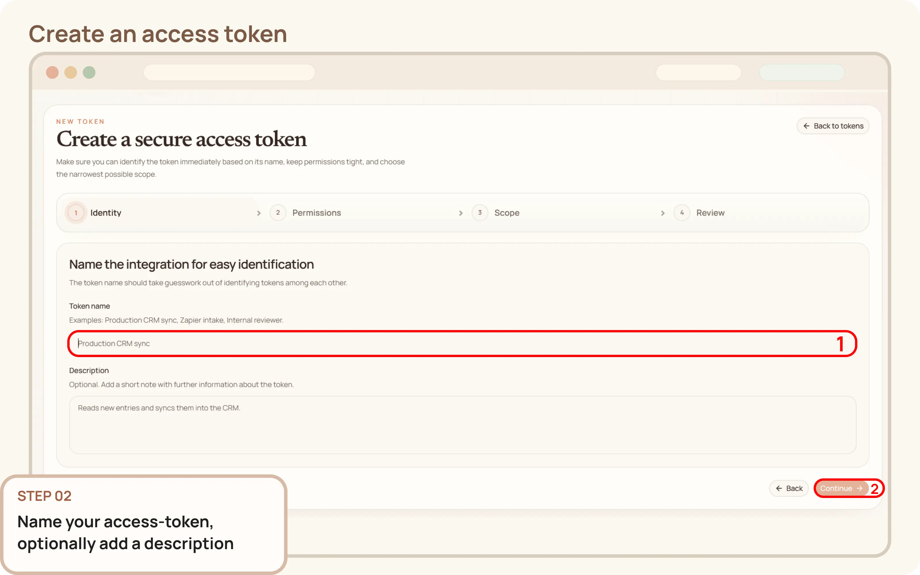 Create an access token: Name the token