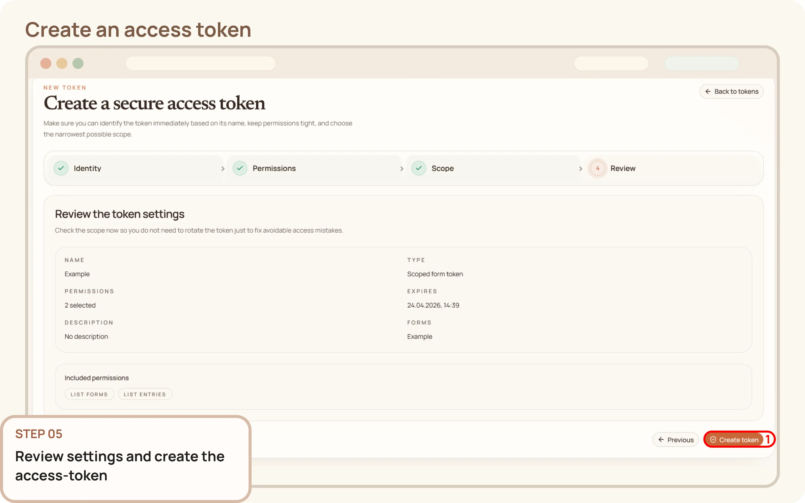 Create an access token: Review and create