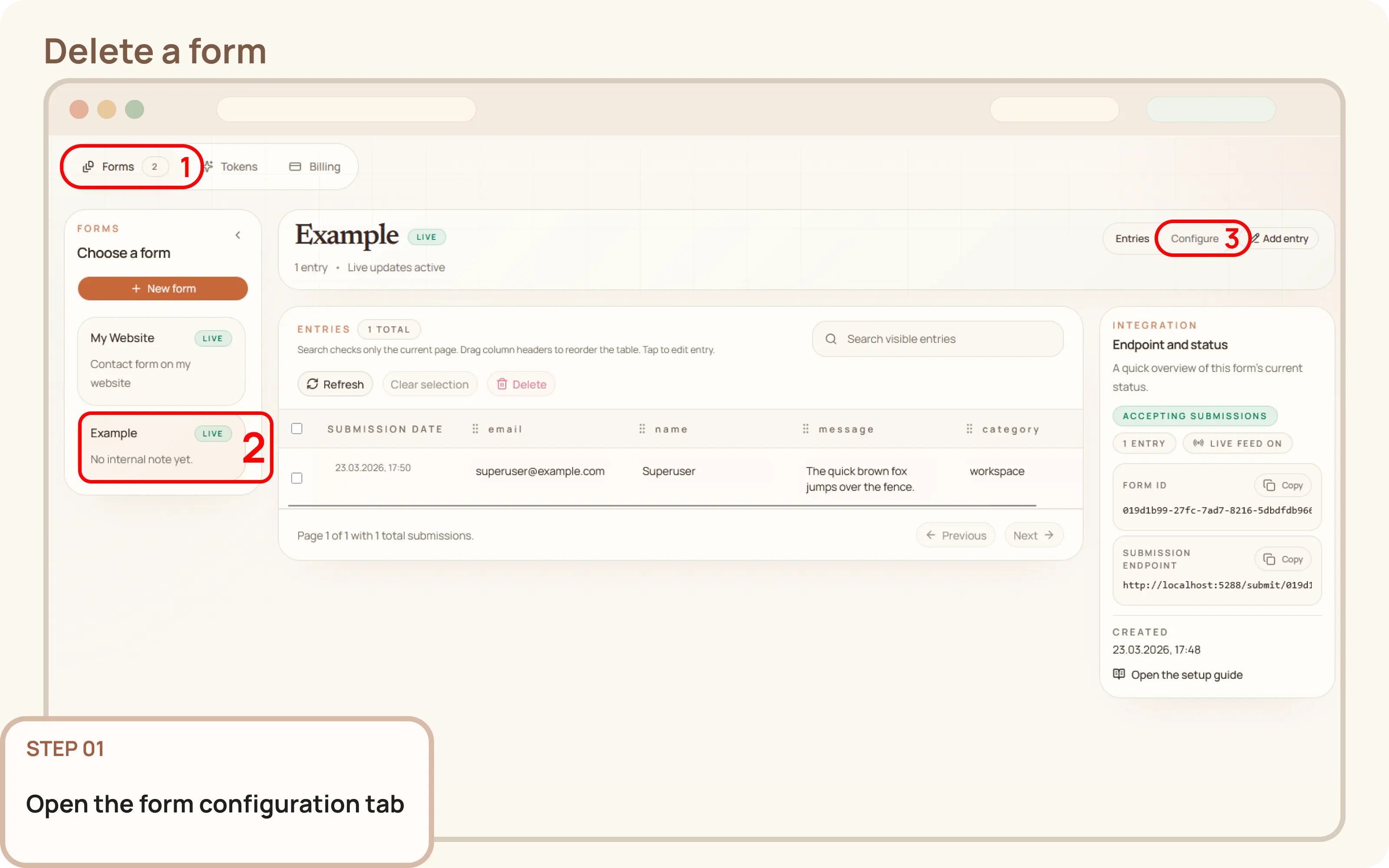 Delete a form: Open the form configuration tab