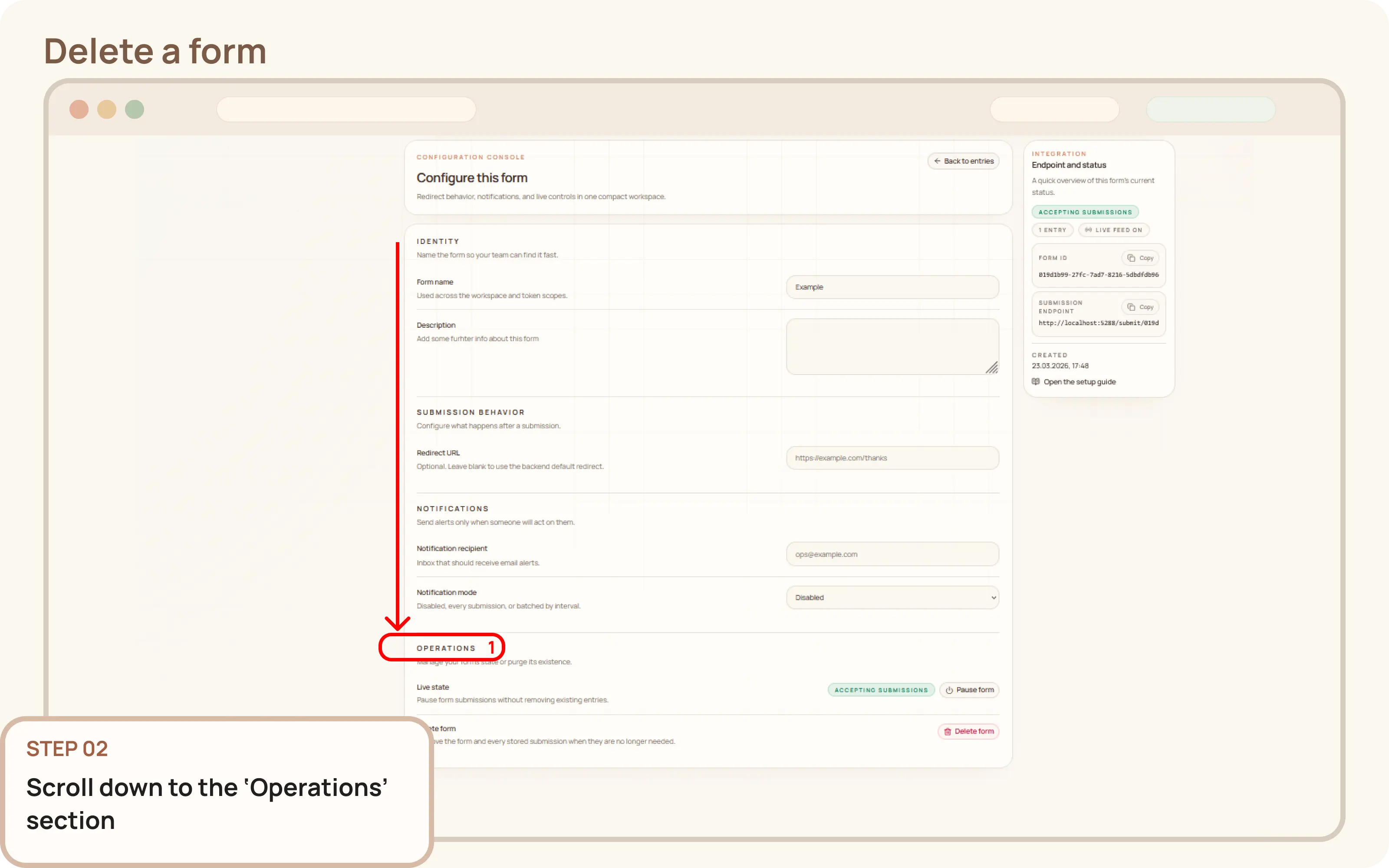 Delete a form: Navigate to the 'Operations' section