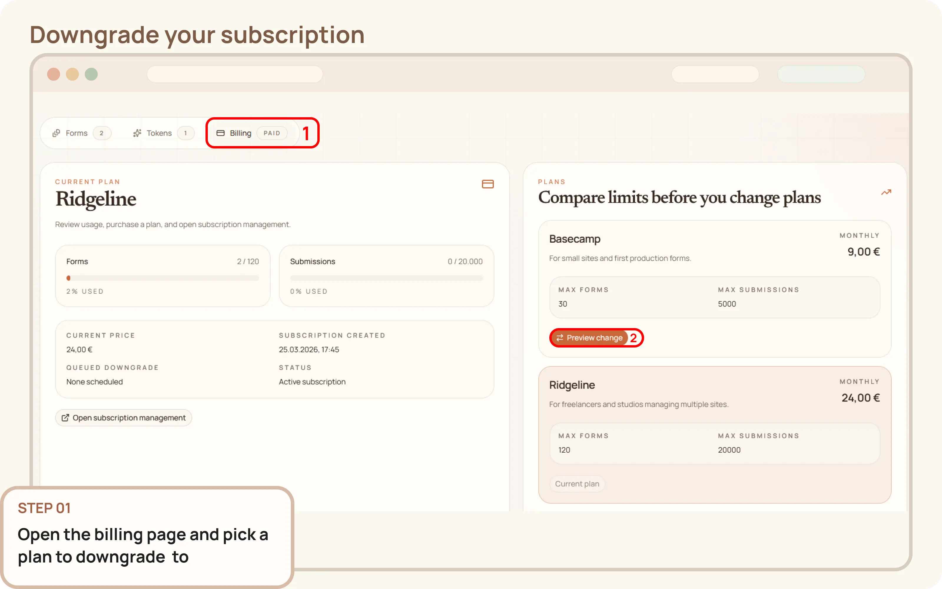 Downgrade your subscription: Choose a lower tier plan