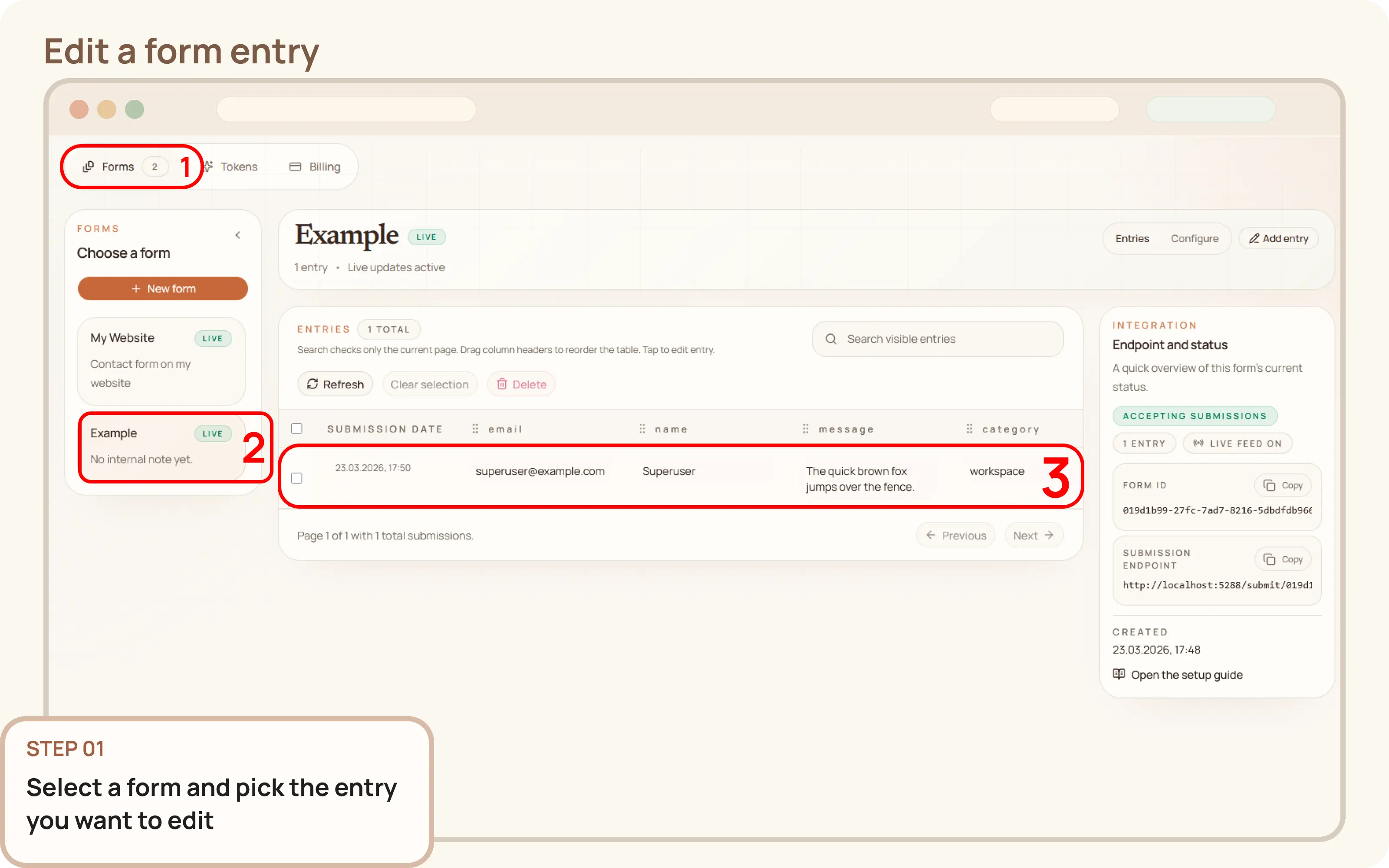 Edit a form entry: Select an entry to edit
