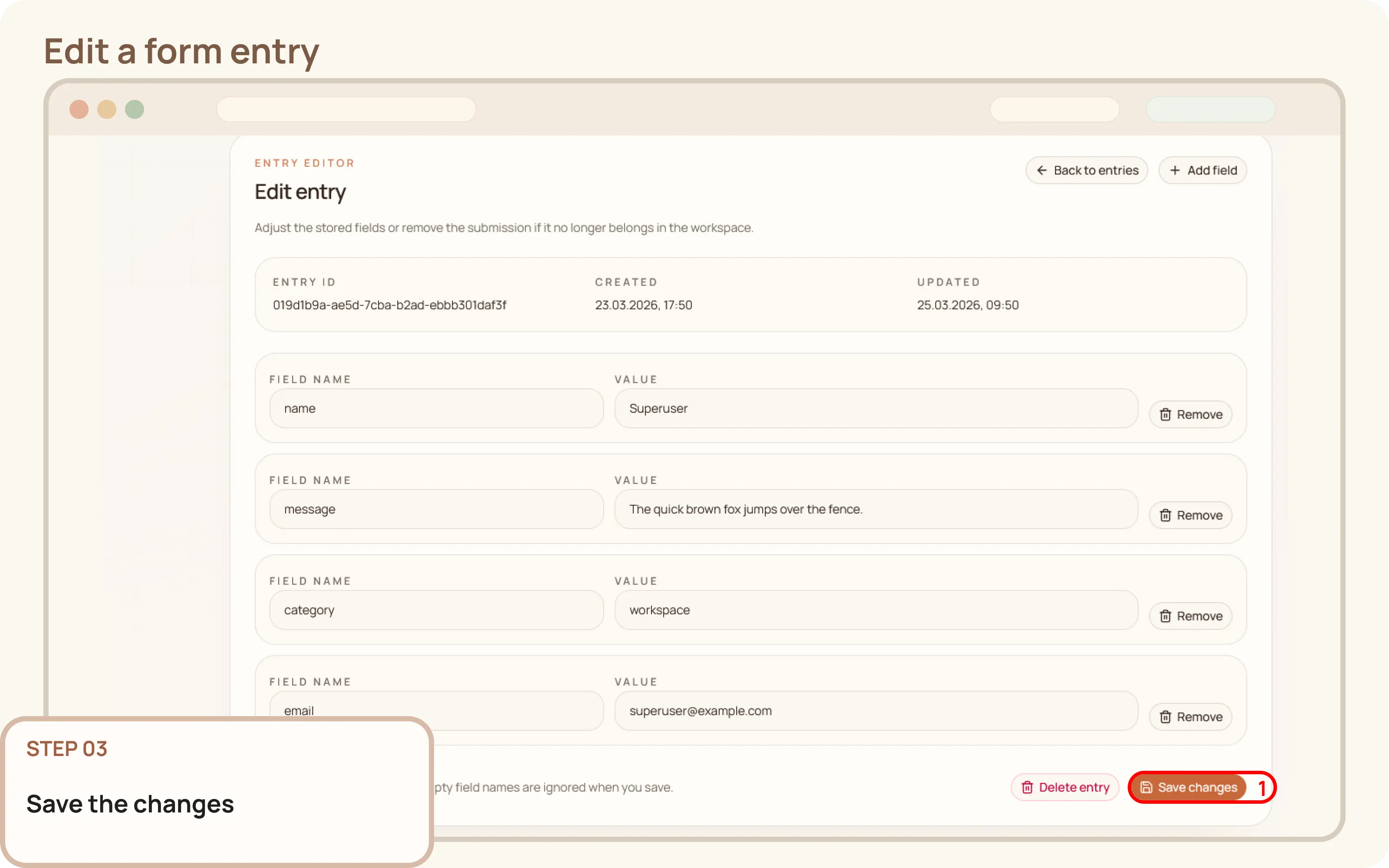 Edit a form entry: Save the changes