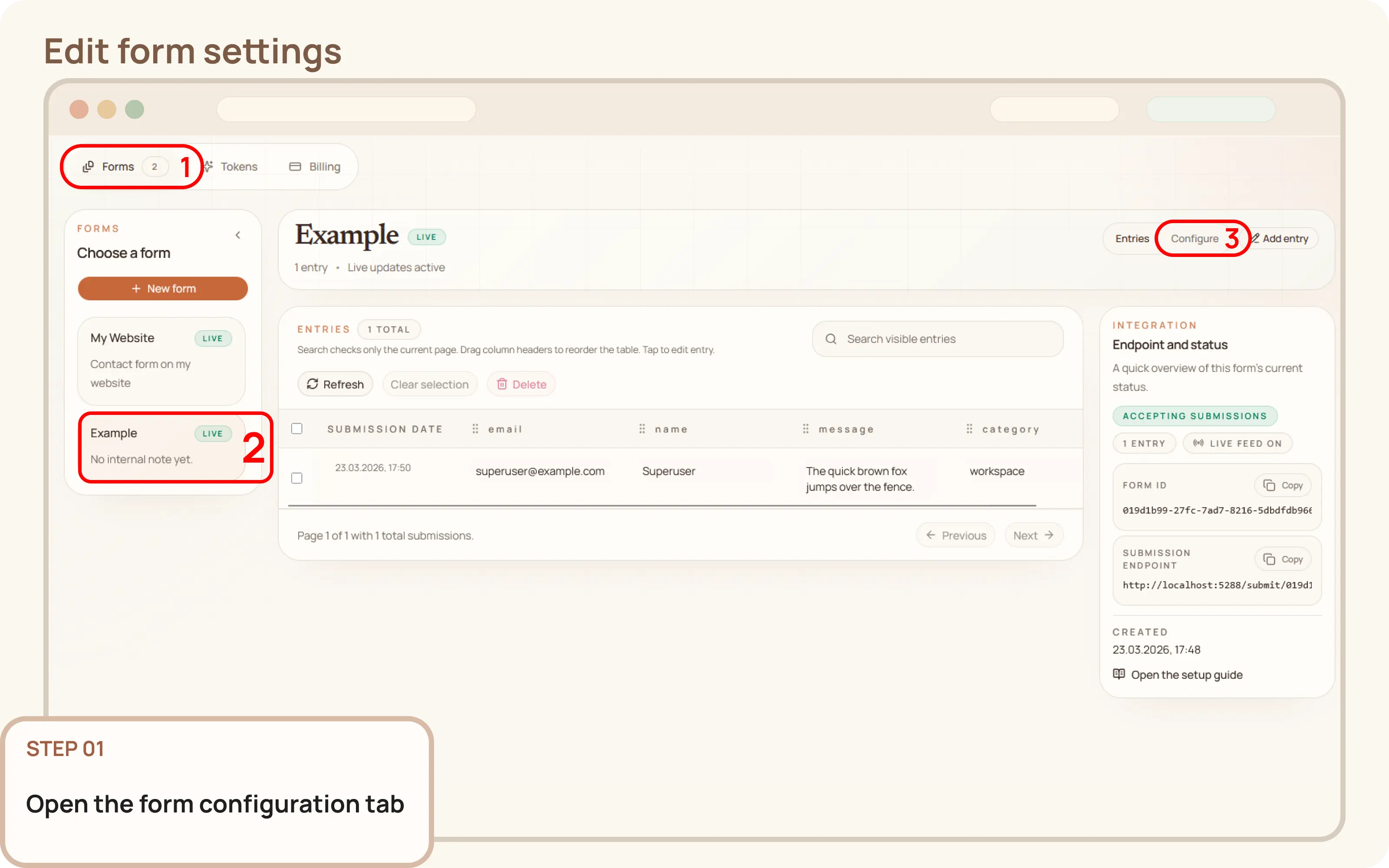 Edit form settings: Open the form configuration tab