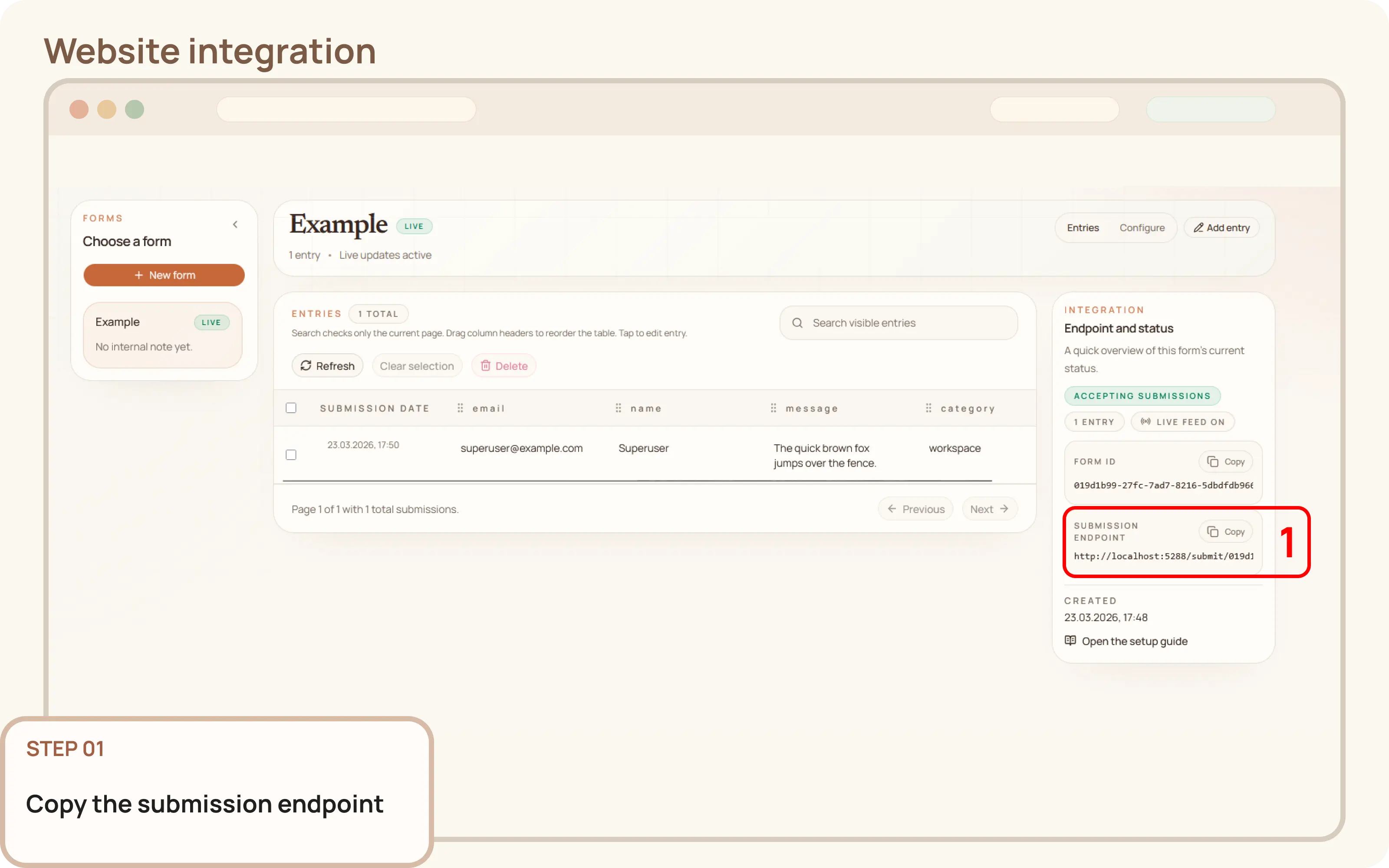 Integrate a form on your website: Copy the submission endpoint