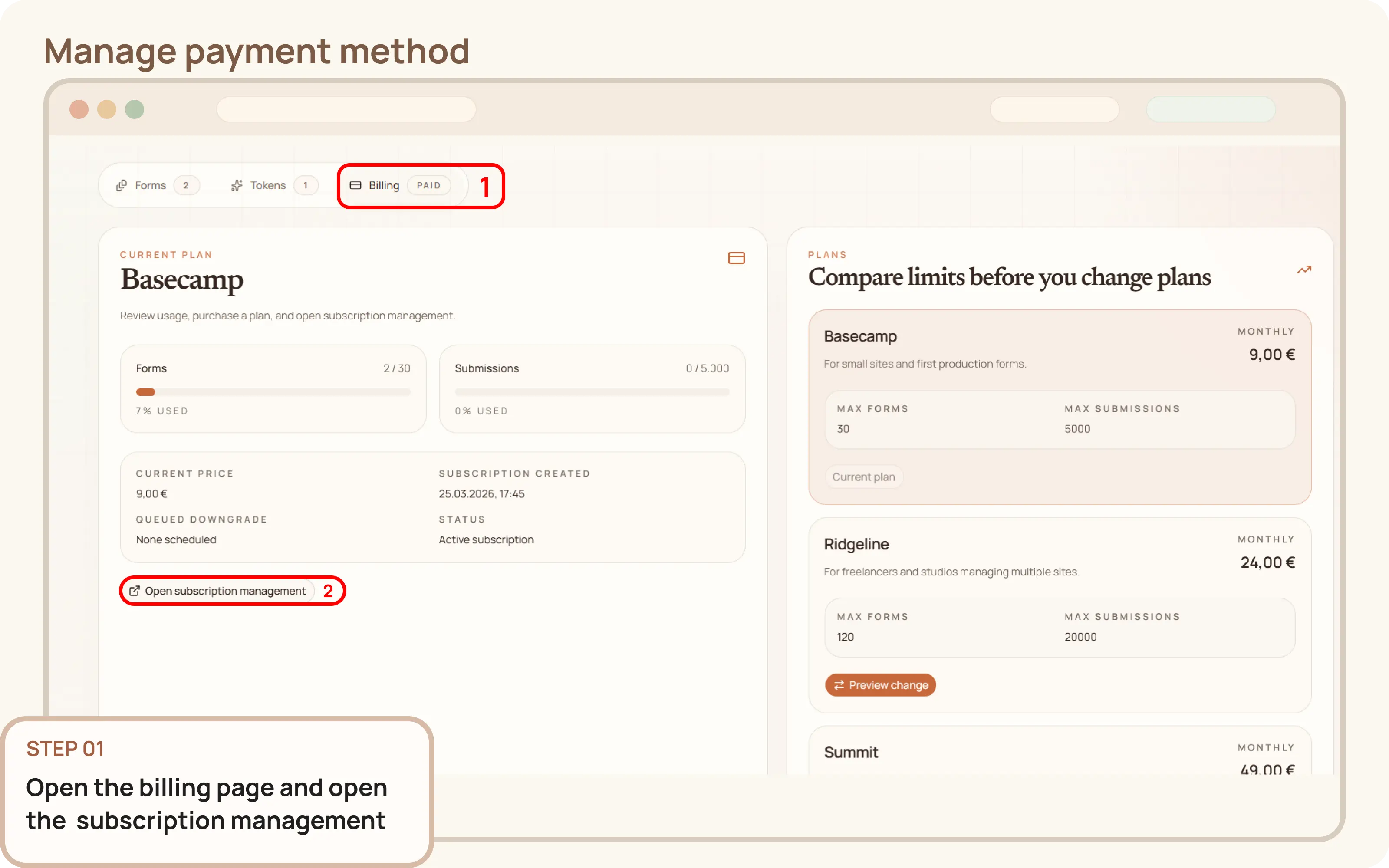 Manage your payment method: Open subscription management
