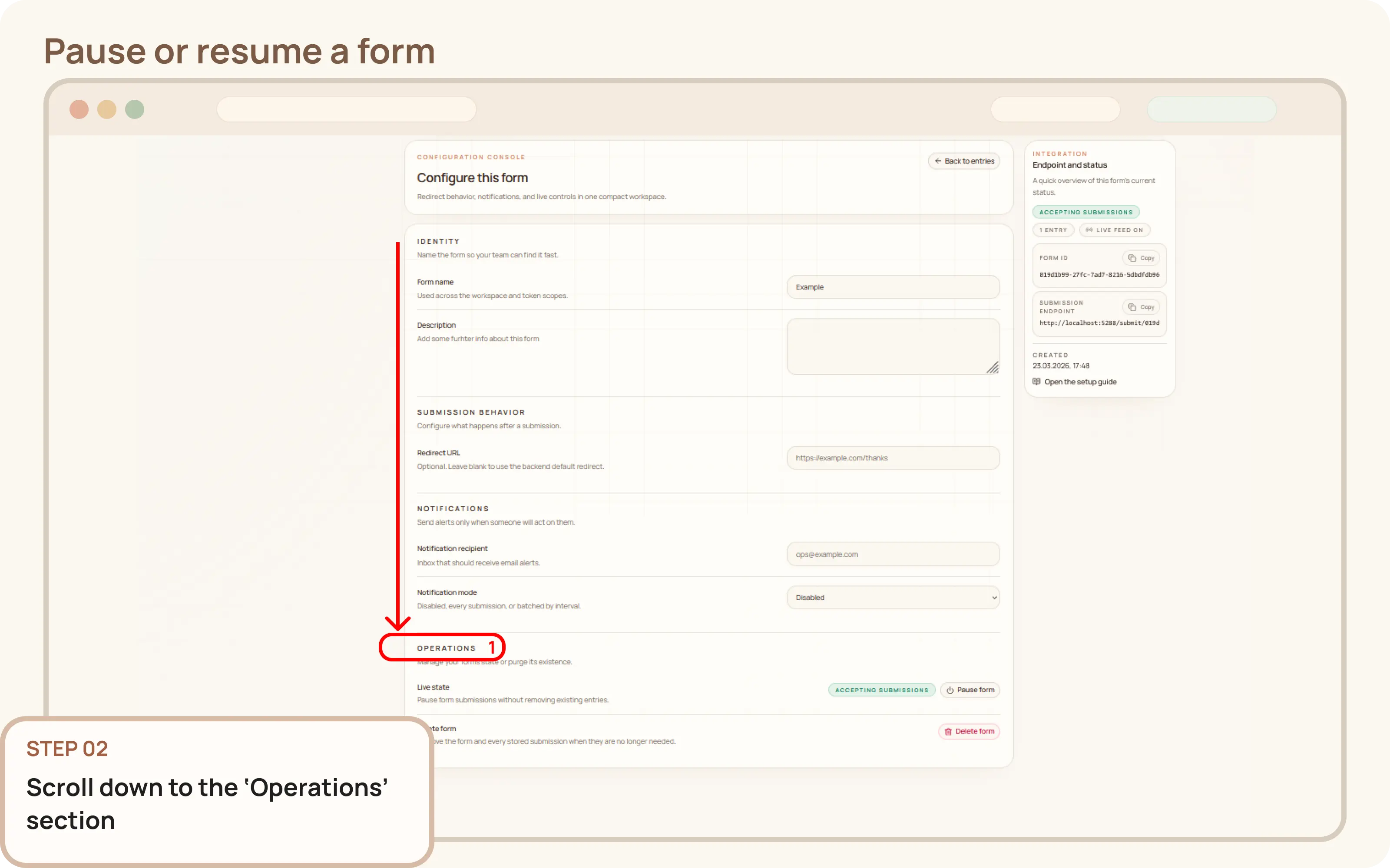 Pause or resume a form: Navigate to the 'Operations' section