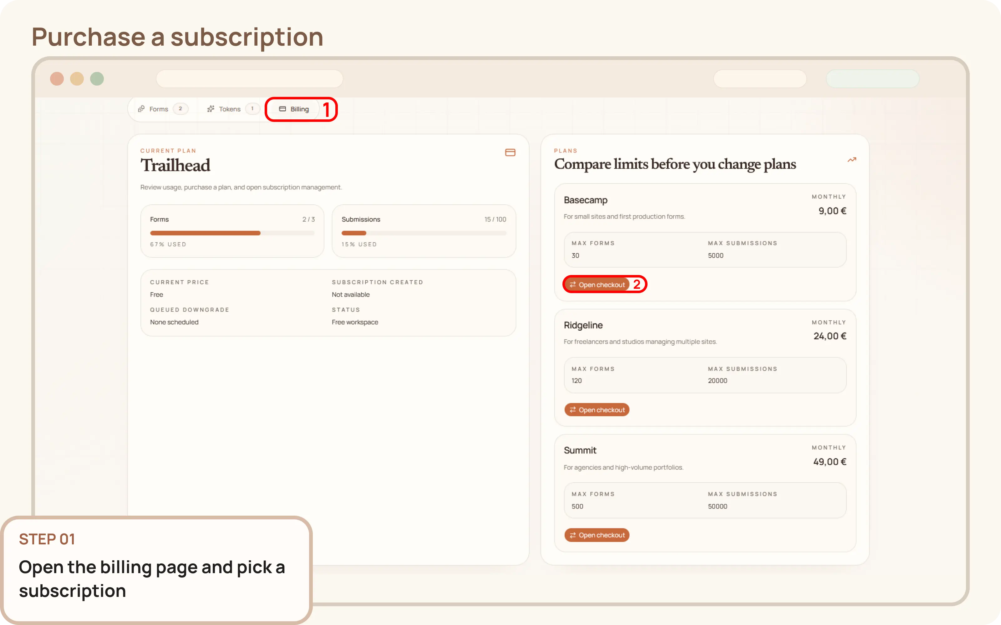Purchase a subscription: Select a subscription plan