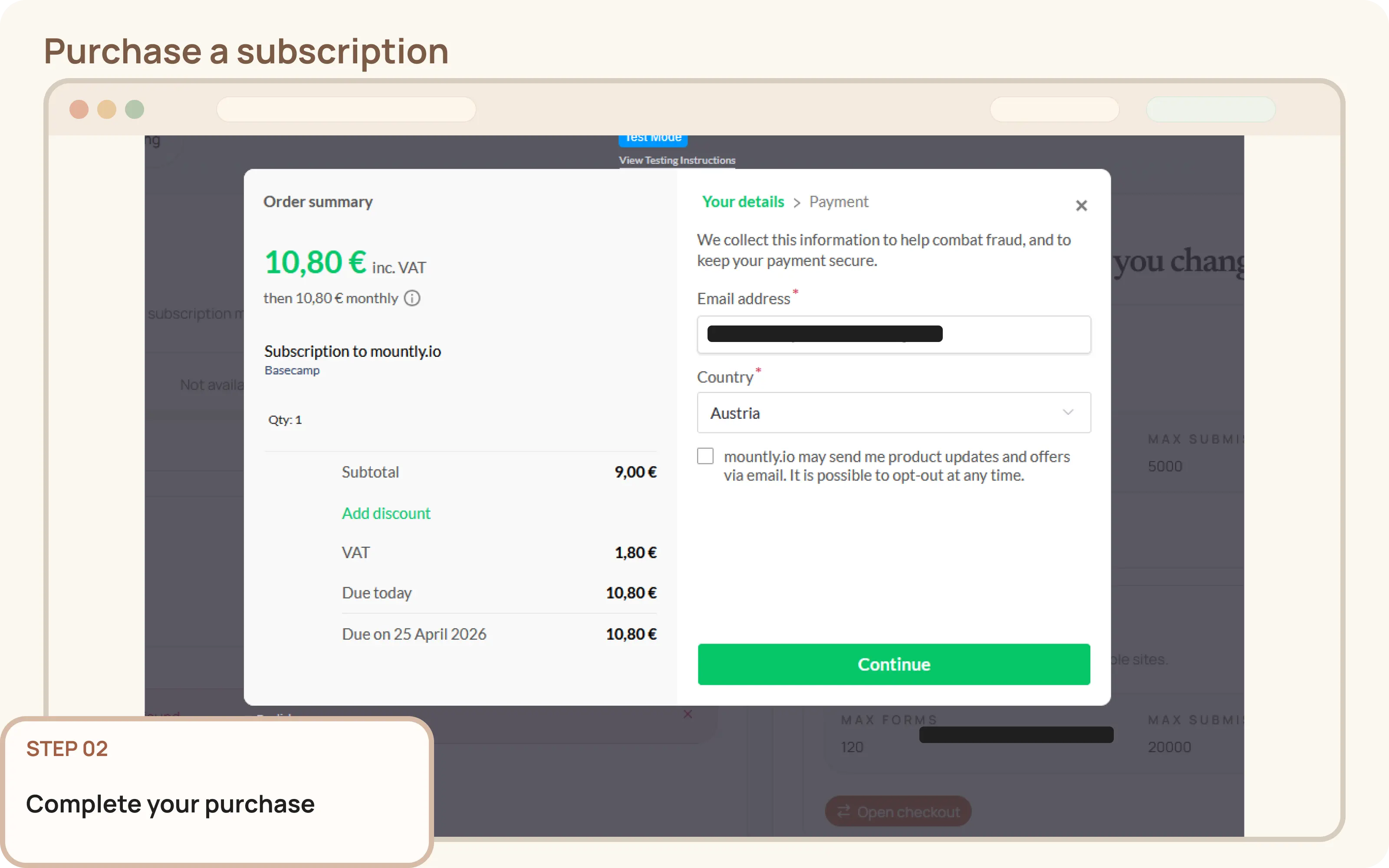 Purchase a subscription: Complete the checkout
