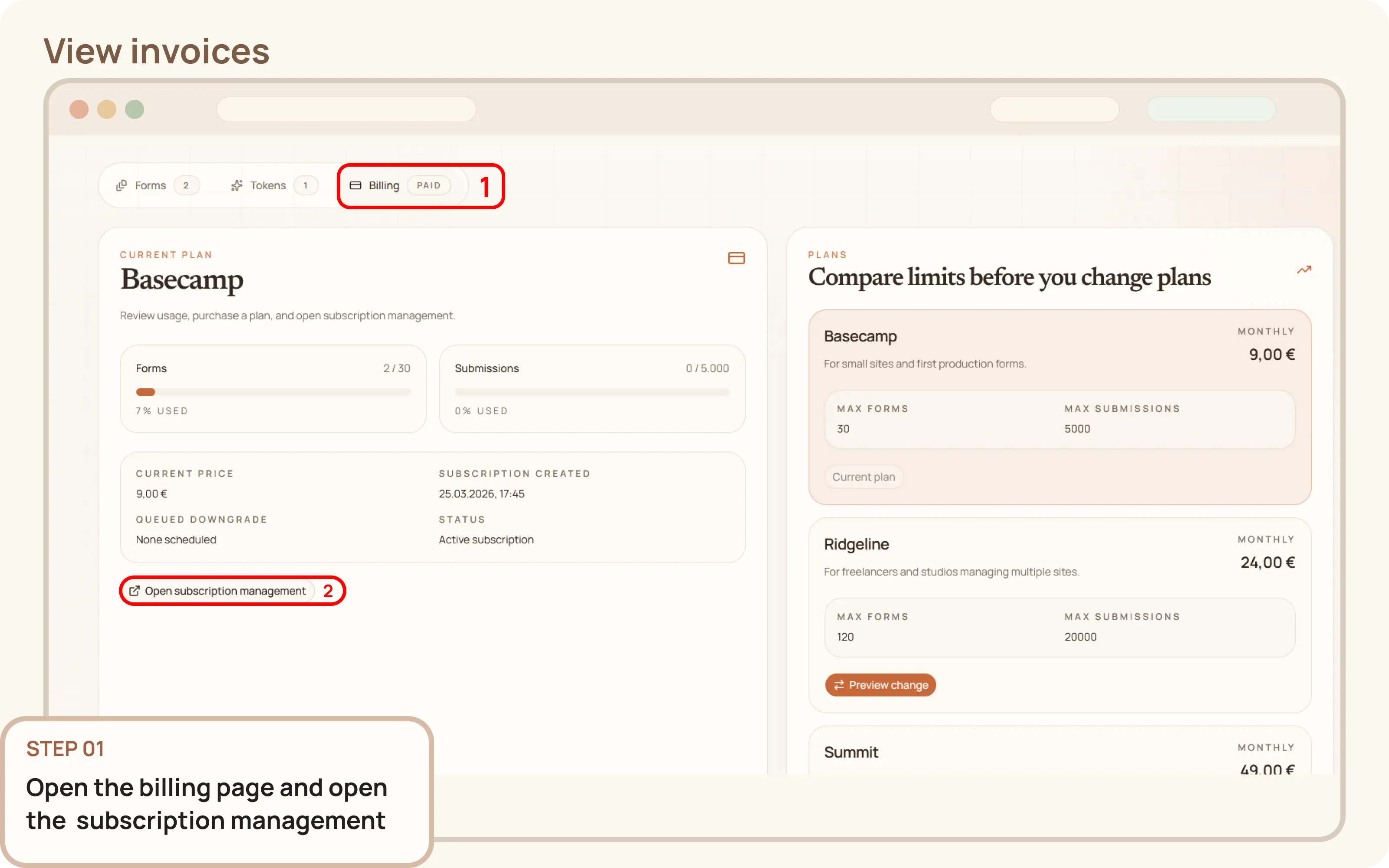 View invoices: Open subscription management